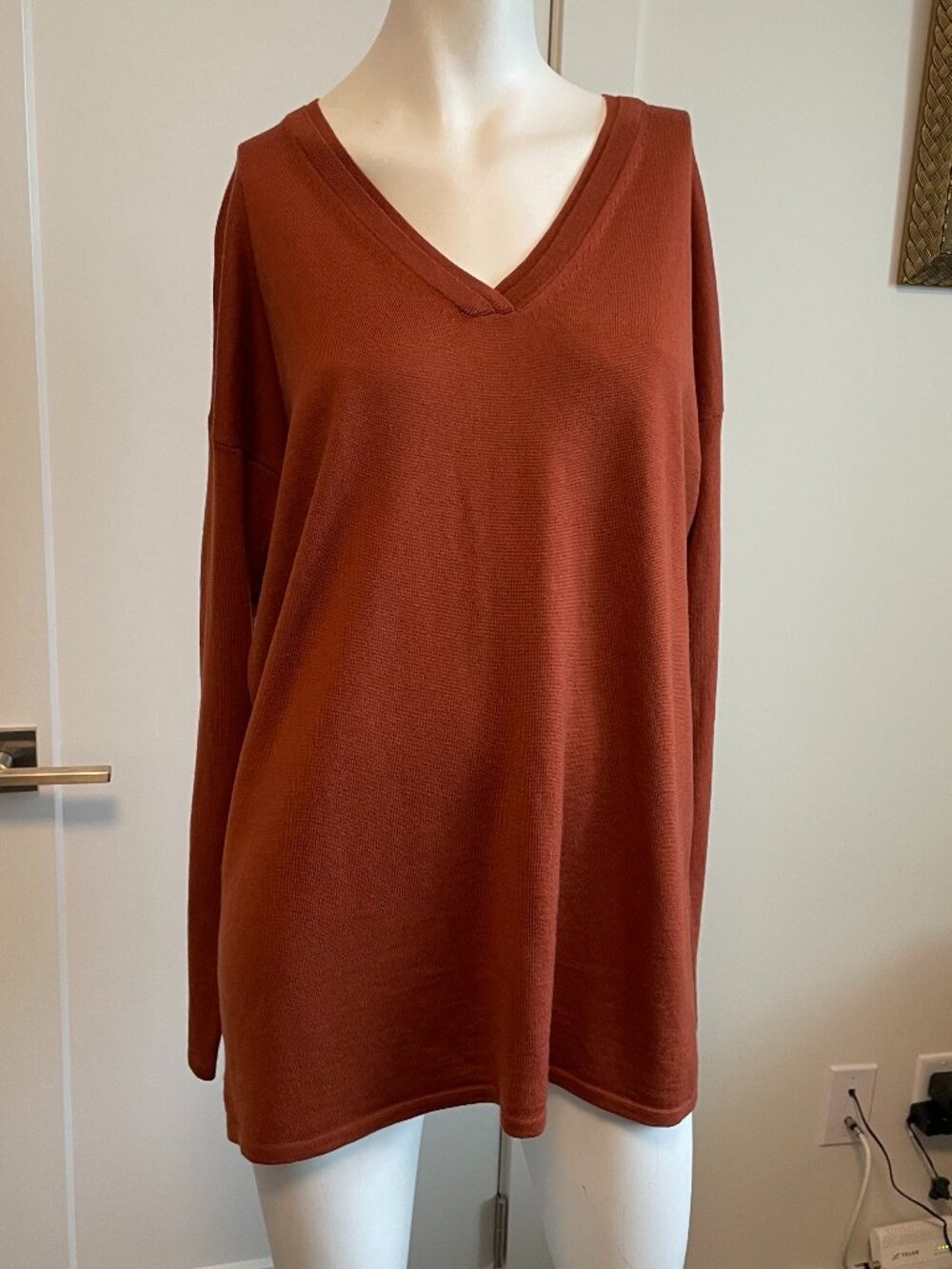 Lord & Taylor Extra Fine Merino Wool LS V Neck Knit Sweater Cinnamon Rust Sz L